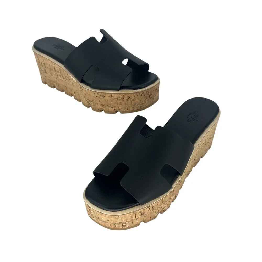 Hermès Eze 30 Cork Platform H Slide Sandals Black Leather Size 40